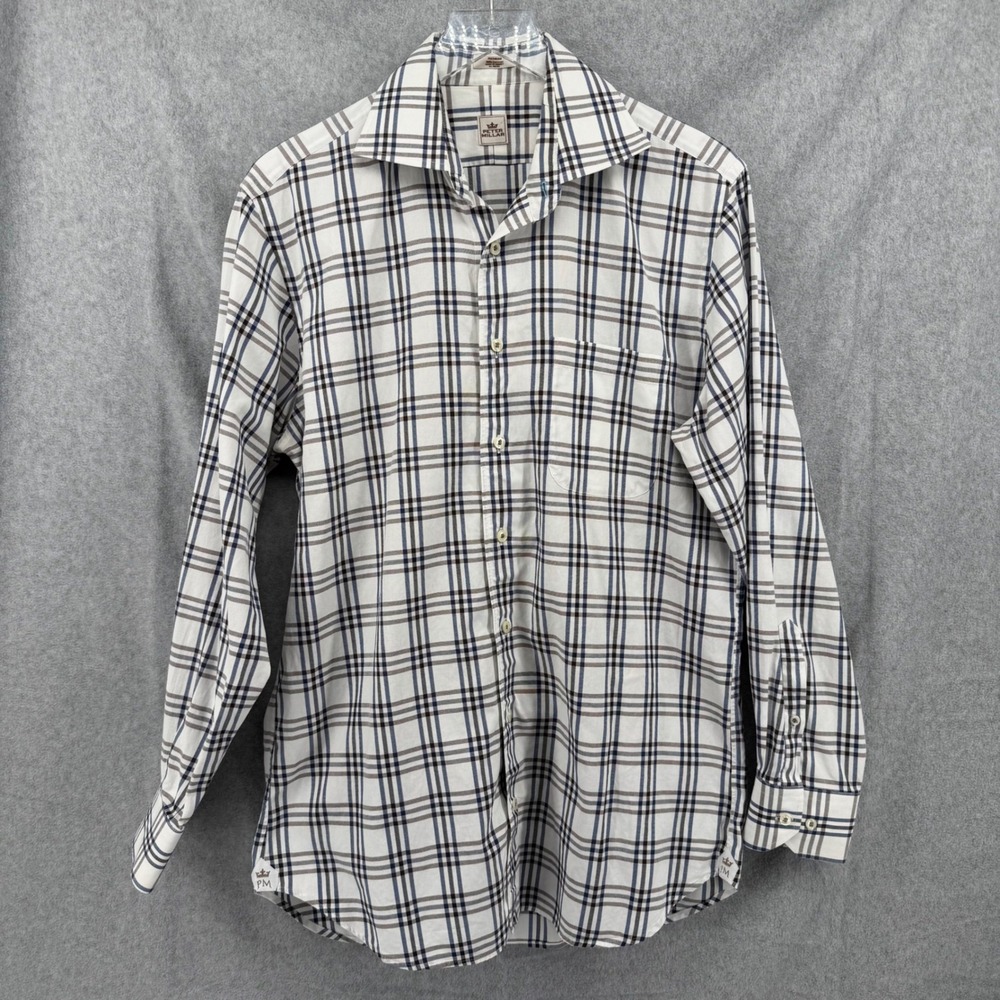 Peter Millar Mens Medium White Blue Brown Plaid Cotton Button Down Shirt LS - Picture 8 of 12